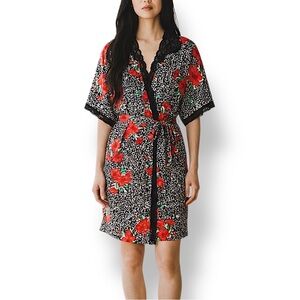 4/$20 Vintage Barbizon Floral Lace Trim Robe Kimono Red Black Boho Lounge Wrap S